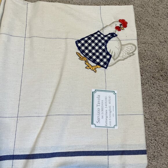 Savim Tablecloth & 6 Napkins Blue Check Rooster Chicken Cotton 56X71" Made Italy - Picture 4 of 6